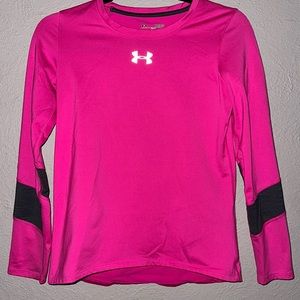 Girls Under Armour ColdGear Crew Long Sleeve Shirt Highlighter Pink Large YLG